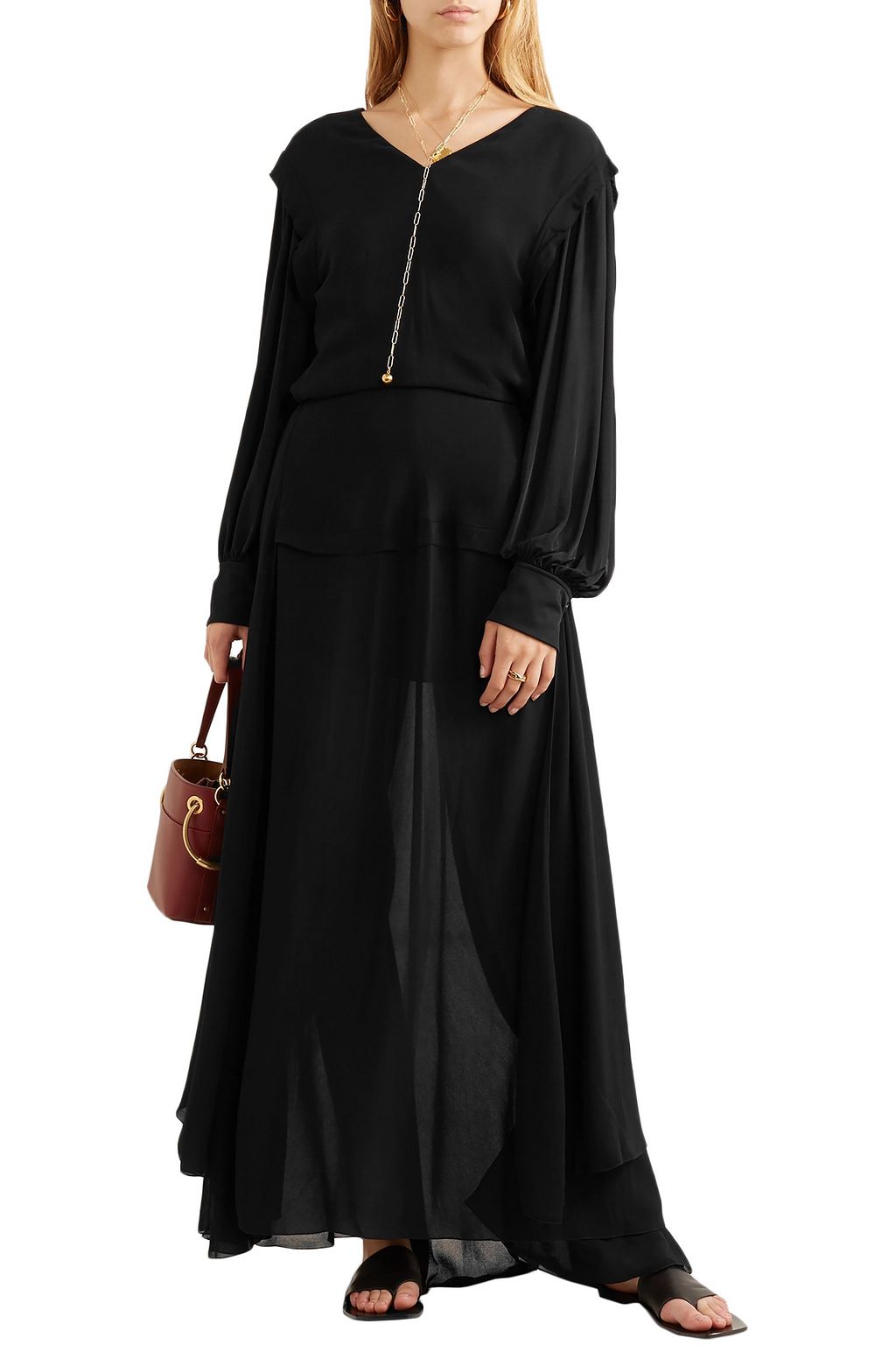 CHLOÉ Satin-jersey and draped chiffon maxi dress
