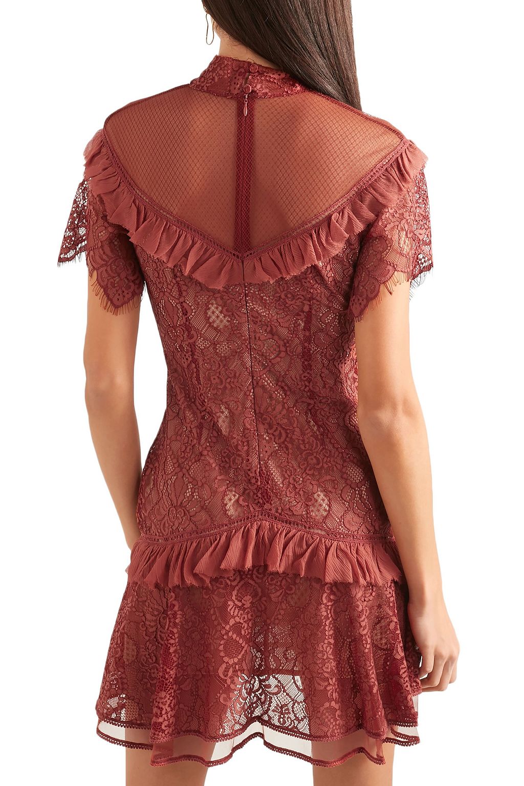 SIMKHAI Mesh-paneled ruffled lace mini dress