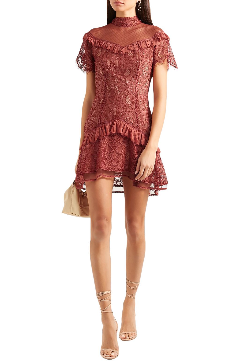 SIMKHAI Mesh-paneled ruffled lace mini dress