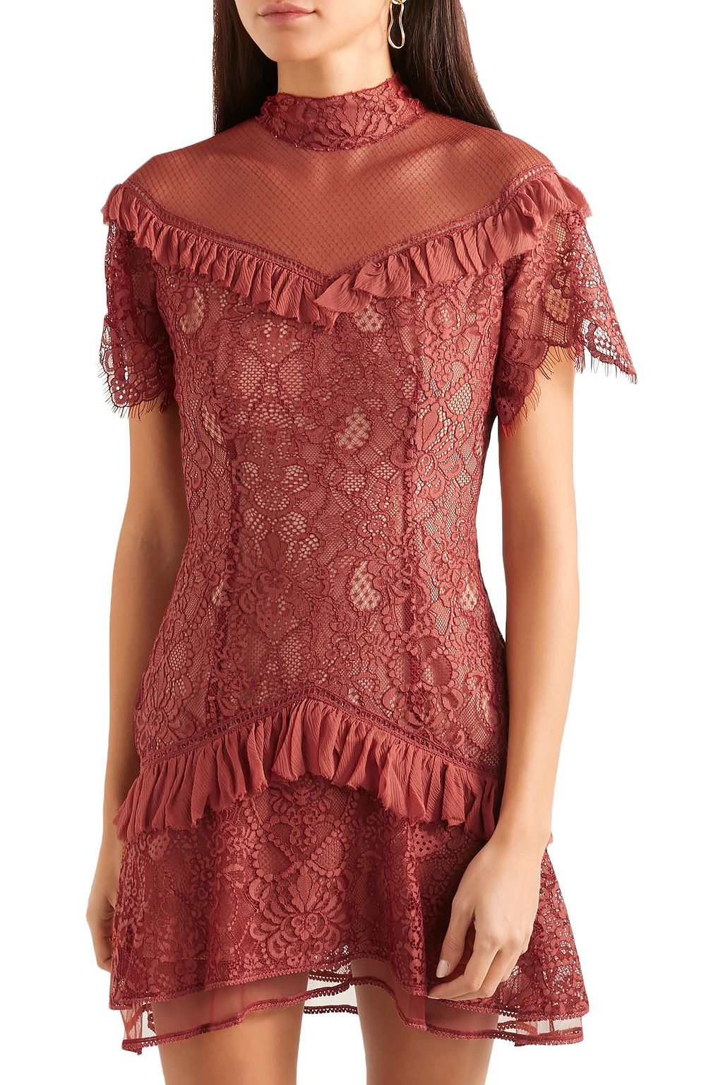 SIMKHAI Mesh-paneled ruffled lace mini dress