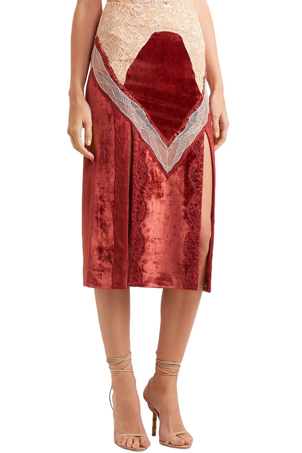 SIMKHAI Lace-paneled velvet midi skirt