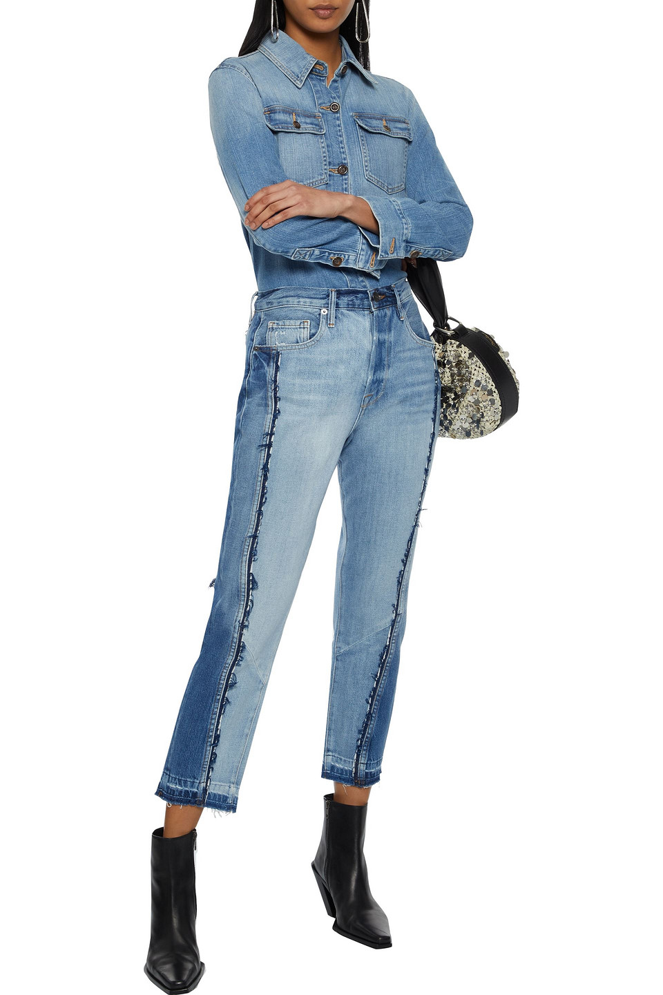 FRAME LE MIX REPAIR CROPPED FRAYED HIGH-RISE SLIM-LEG JEANS,3074457345625487139