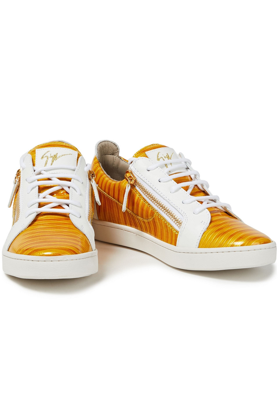 Giuseppe Zanotti Nicki Smooth And Patent Lizard-effect Leather Trainers In Marigold