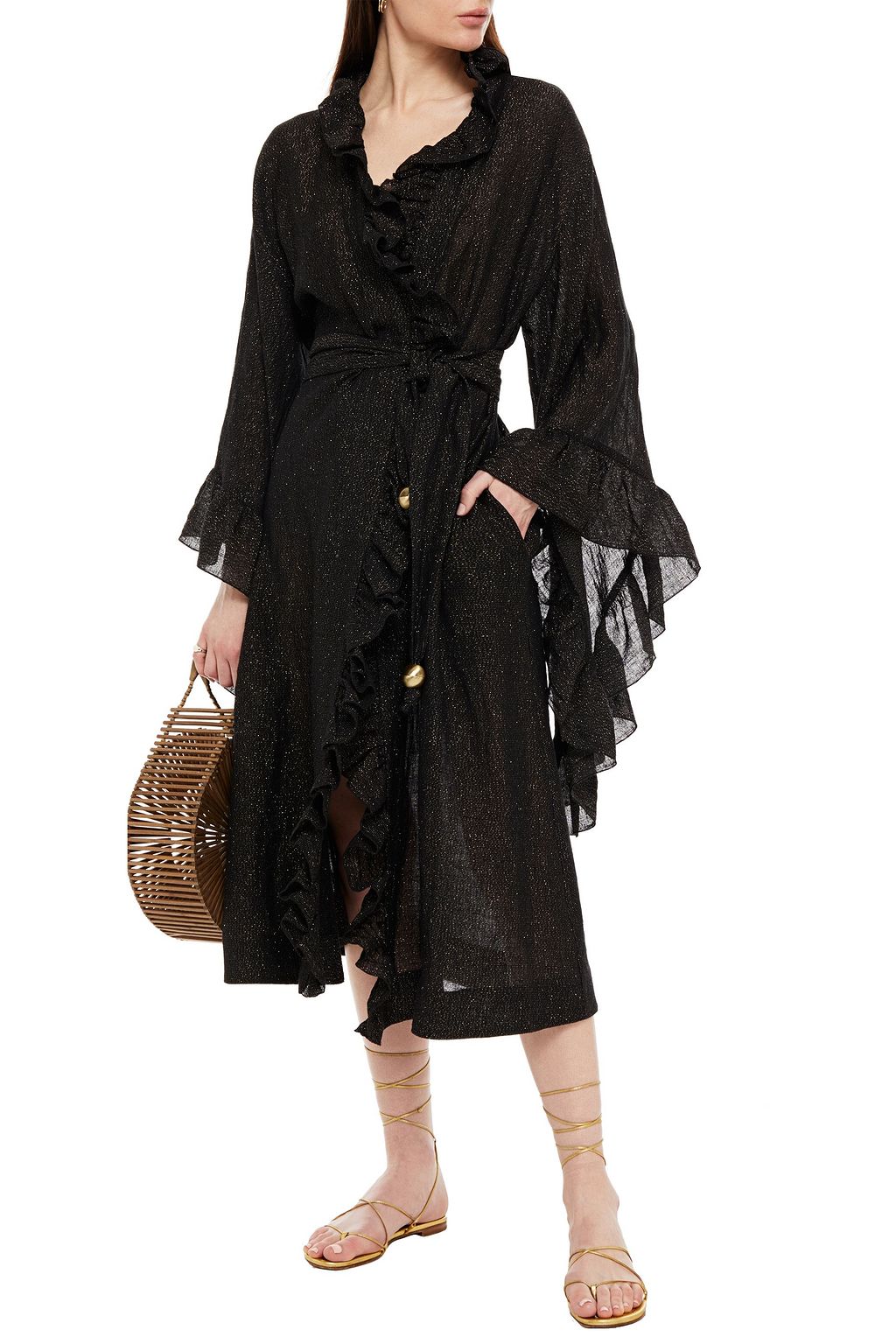 LISA MARIE FERNANDEZ Anita ruffled metallic linen-blend gauze robe