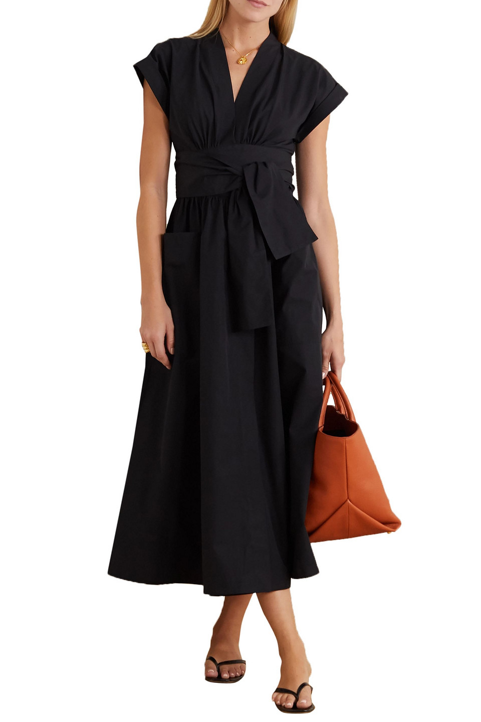 Three Graces London Clarissa Poplin Wrap Midi Dress In Black