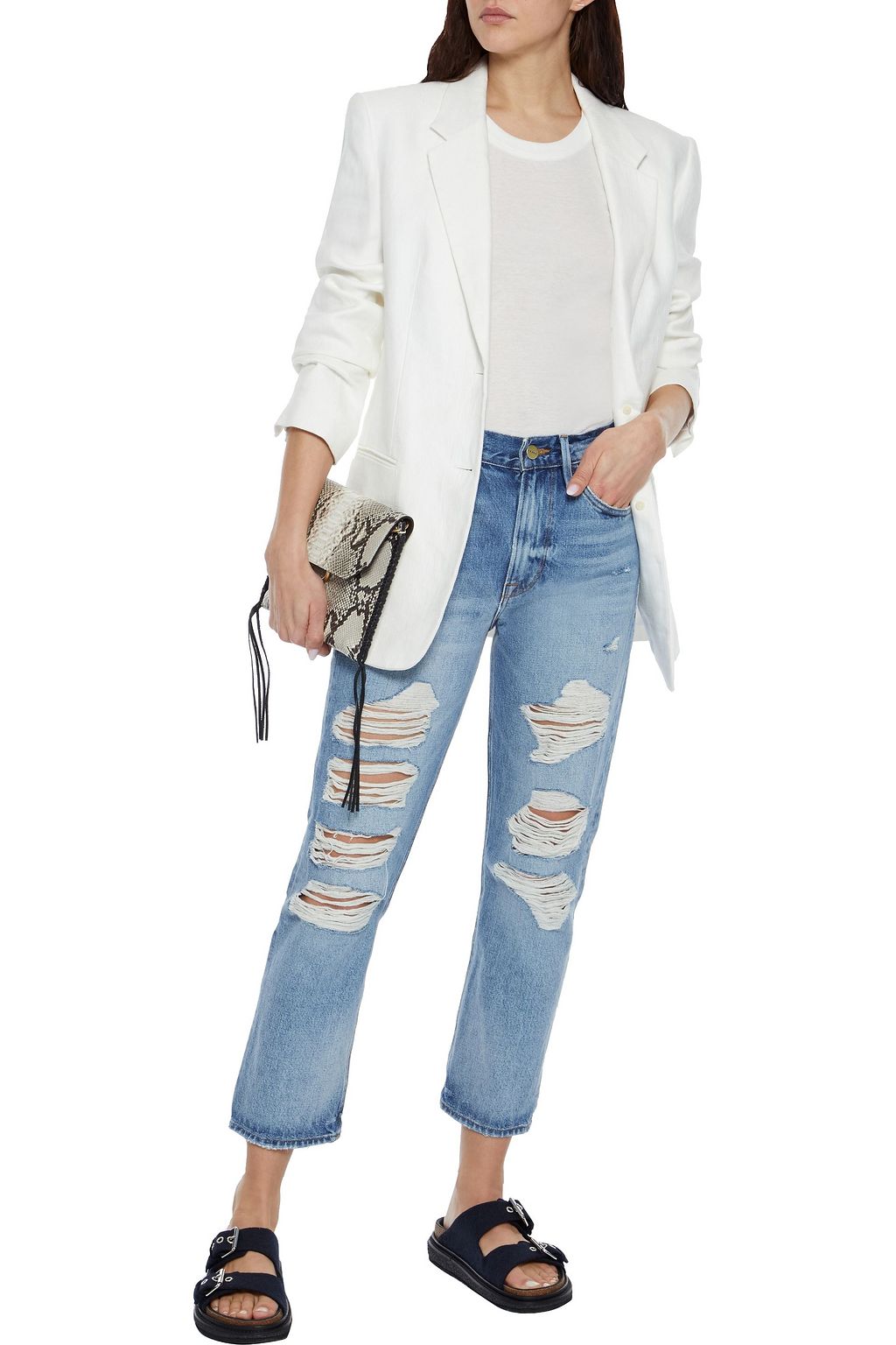 FRAME Le Piper cropped distressed high-rise straight-leg jeans