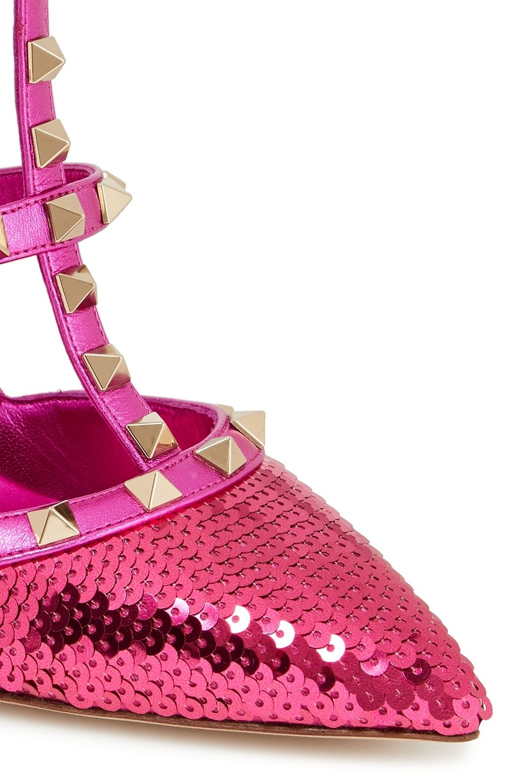 VALENTINO GARAVANI Rockstud leather-trimmed sequin-embellished satin pumps