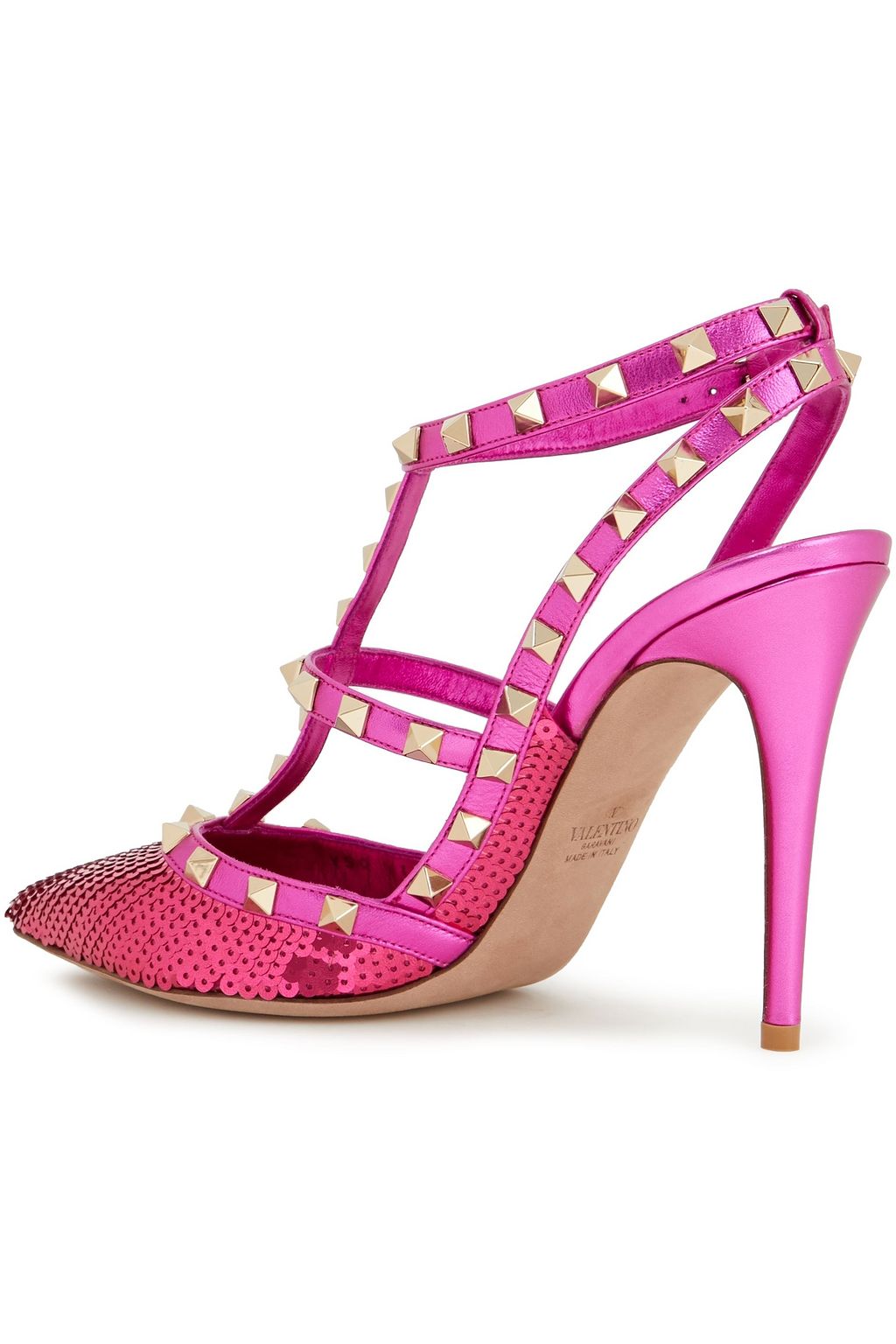 VALENTINO GARAVANI Rockstud leather-trimmed sequin-embellished satin pumps