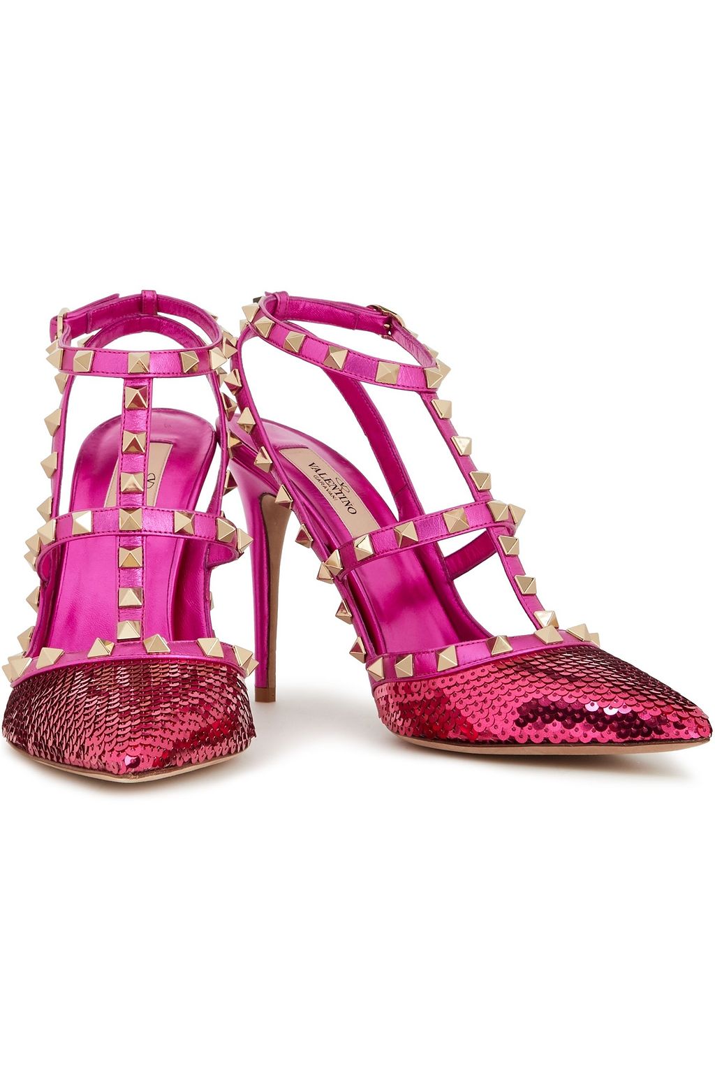 VALENTINO GARAVANI Rockstud leather-trimmed sequin-embellished satin pumps