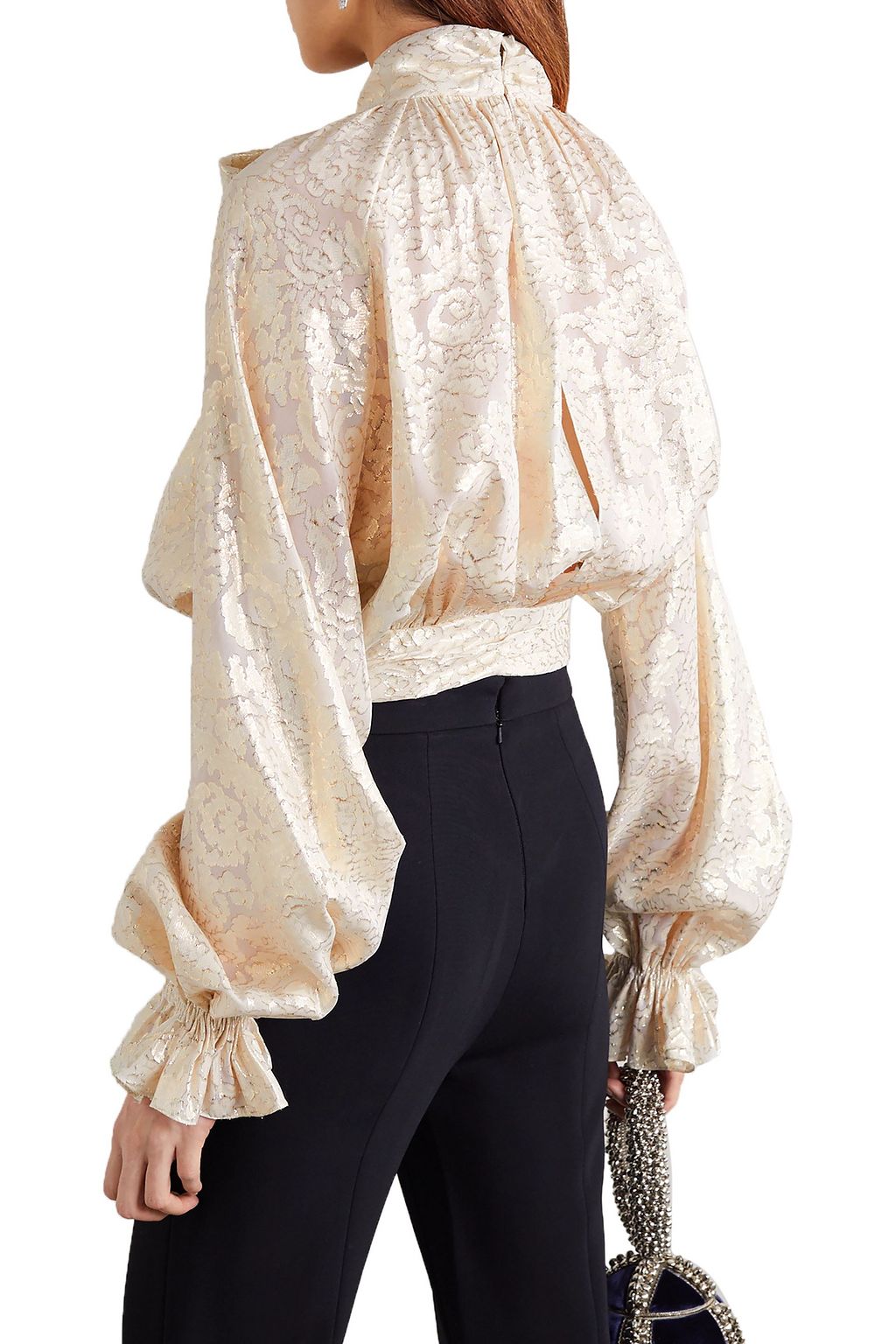 REEM ACRA Pussy-bow metallic silk-blend jacquard blouse