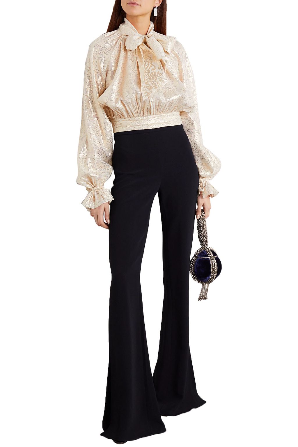 REEM ACRA Pussy-bow metallic silk-blend jacquard blouse