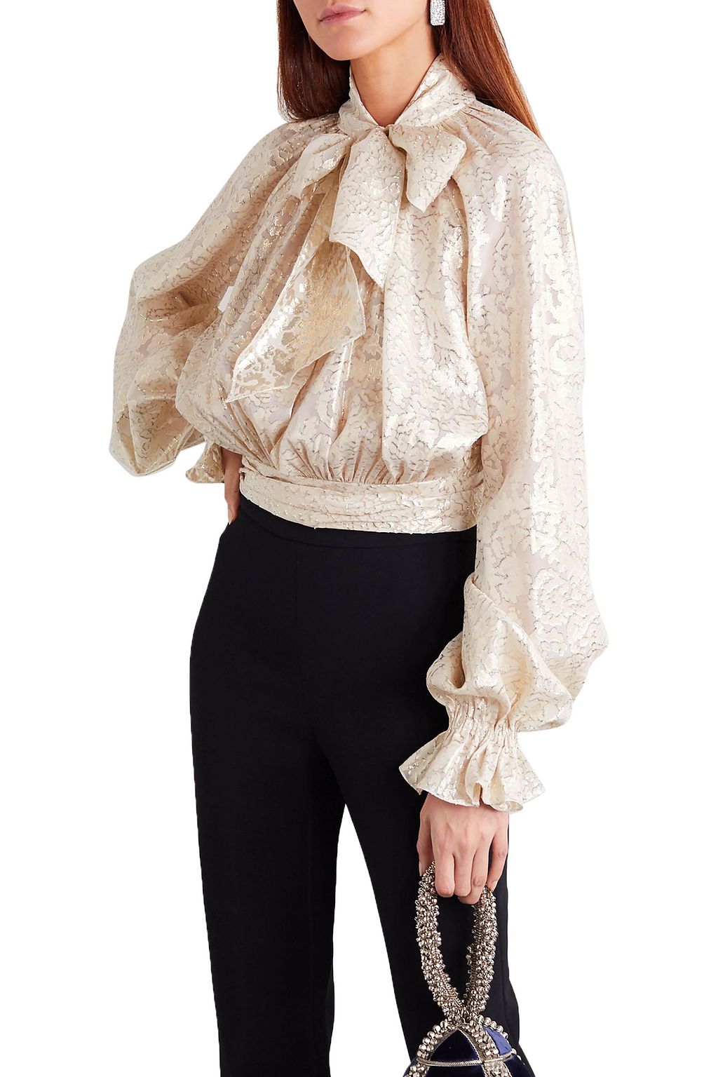 REEM ACRA Pussy-bow metallic silk-blend jacquard blouse