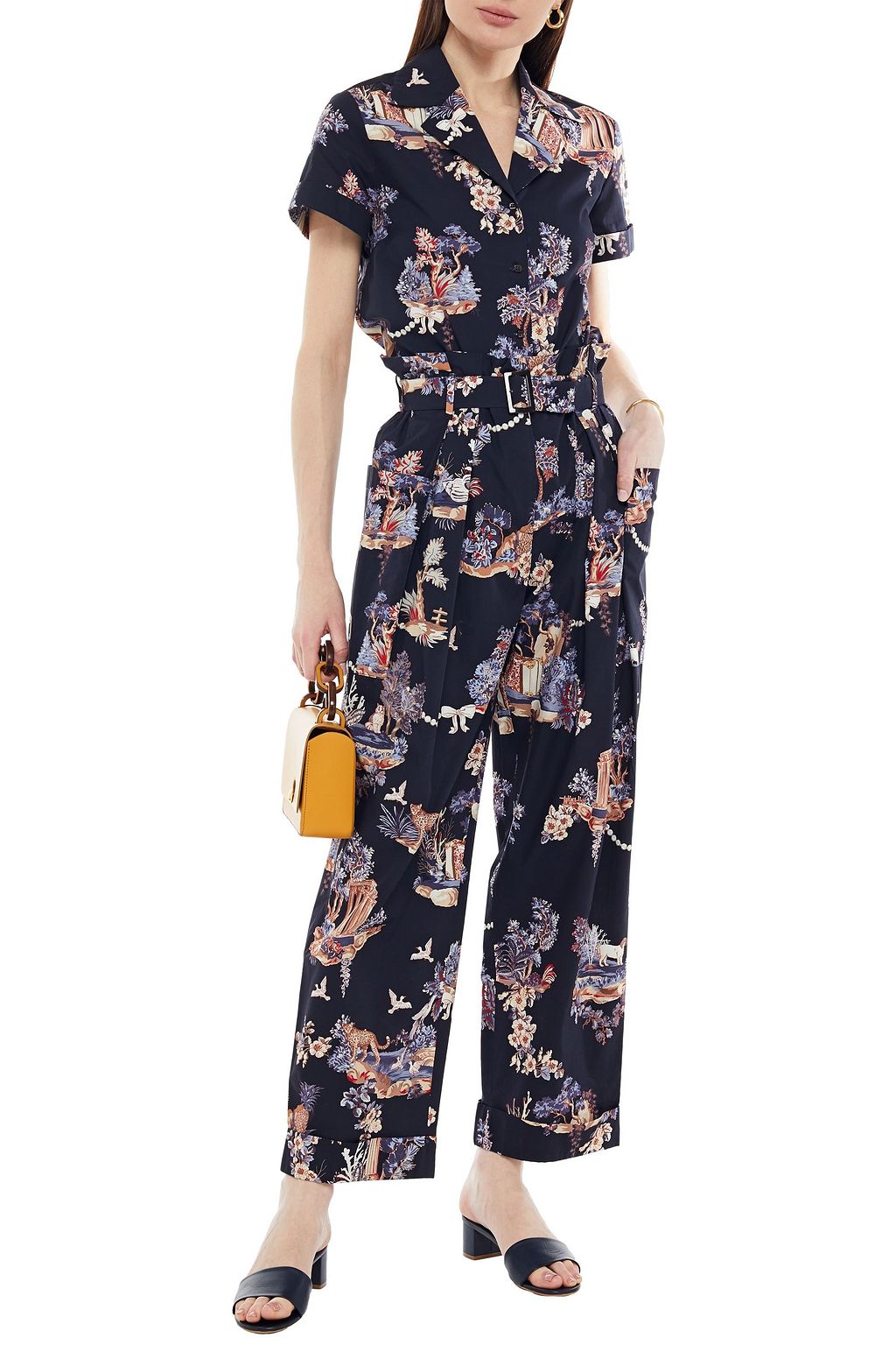 VIVETTA Belted pleated floral-print cotton-poplin wide-leg pants