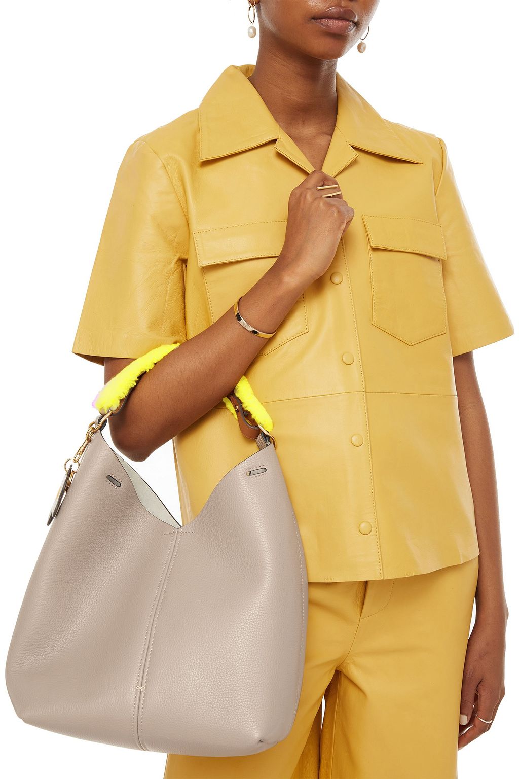 ANYA HINDMARCH Shearling-trimmed pebbled-leather shoulder bag