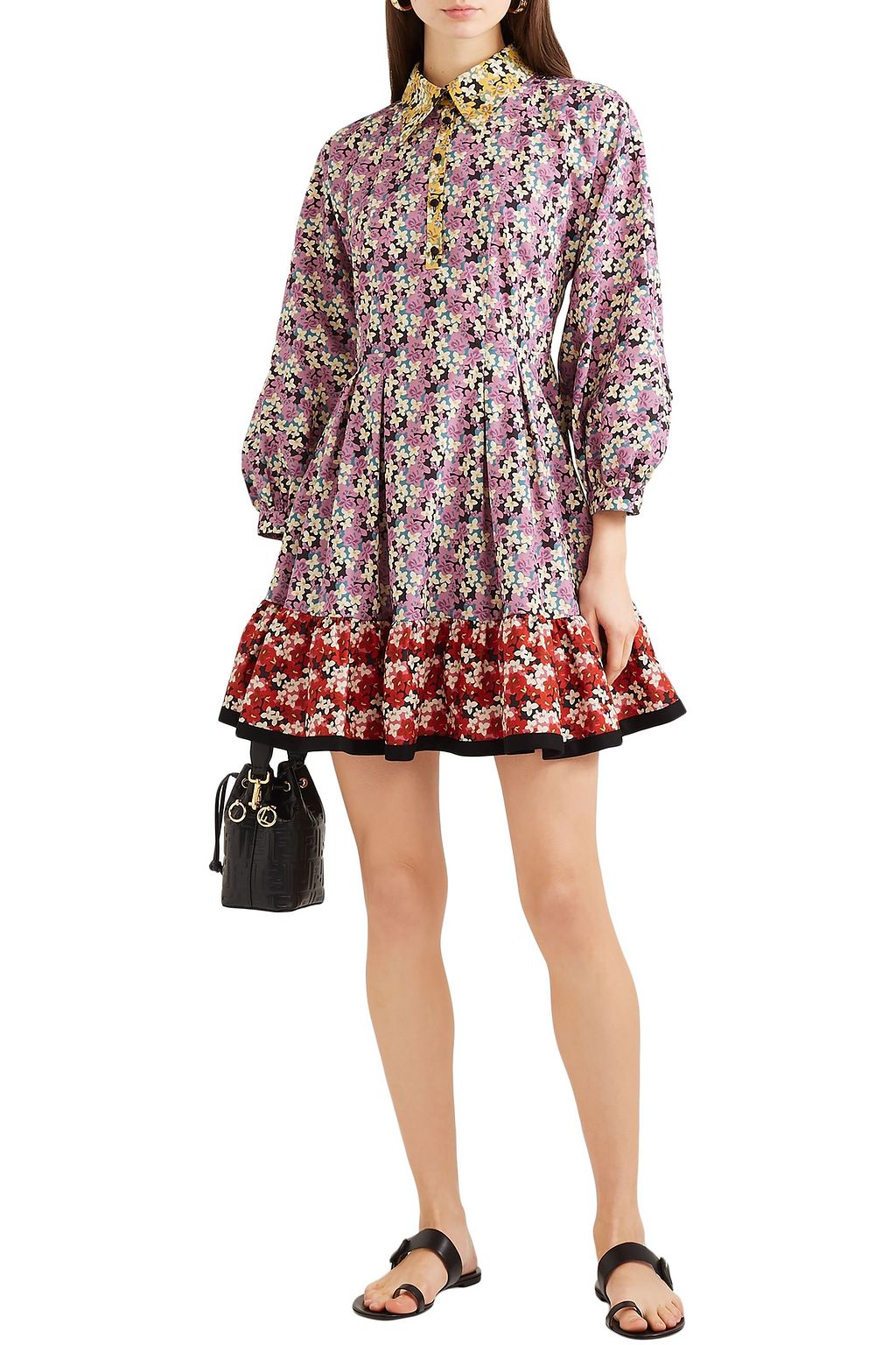 VALENTINO GARAVANI Gathered floral-print cotton-poplin mini shirt dress