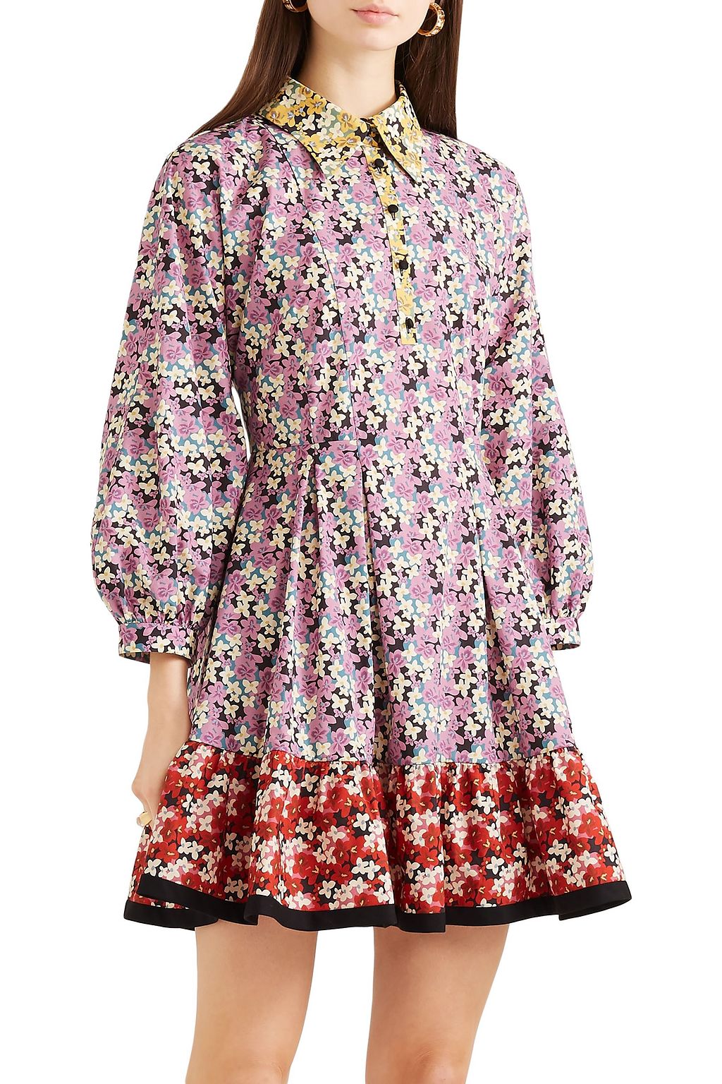 VALENTINO GARAVANI Gathered floral-print cotton-poplin mini shirt dress