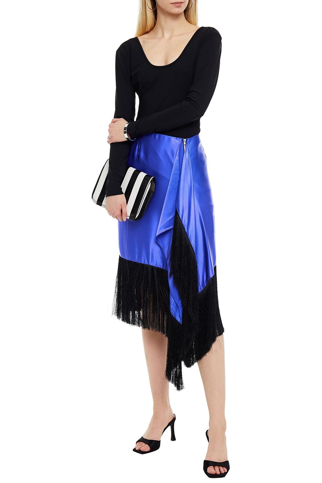 MARQUES' ALMEIDA Draped fringed two-tone silk-satin midi skirt