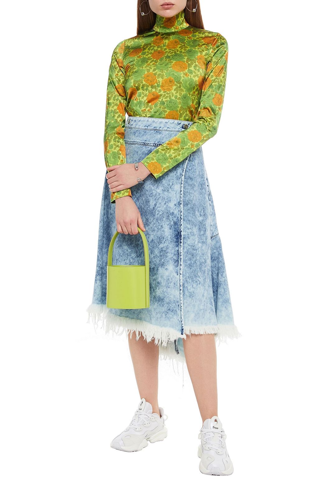 MARQUES' ALMEIDA Asymmetric frayed bleached denim midi wrap skirt