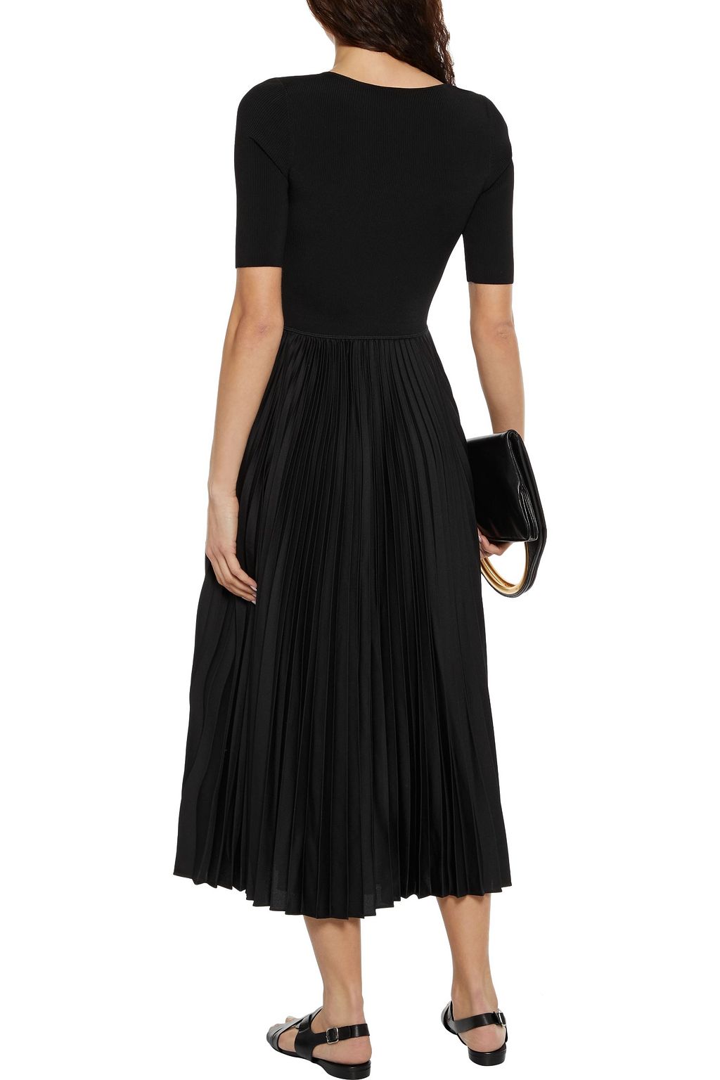 THEORY Ribbed knitpaneled pleated satincrepe midi dress THE