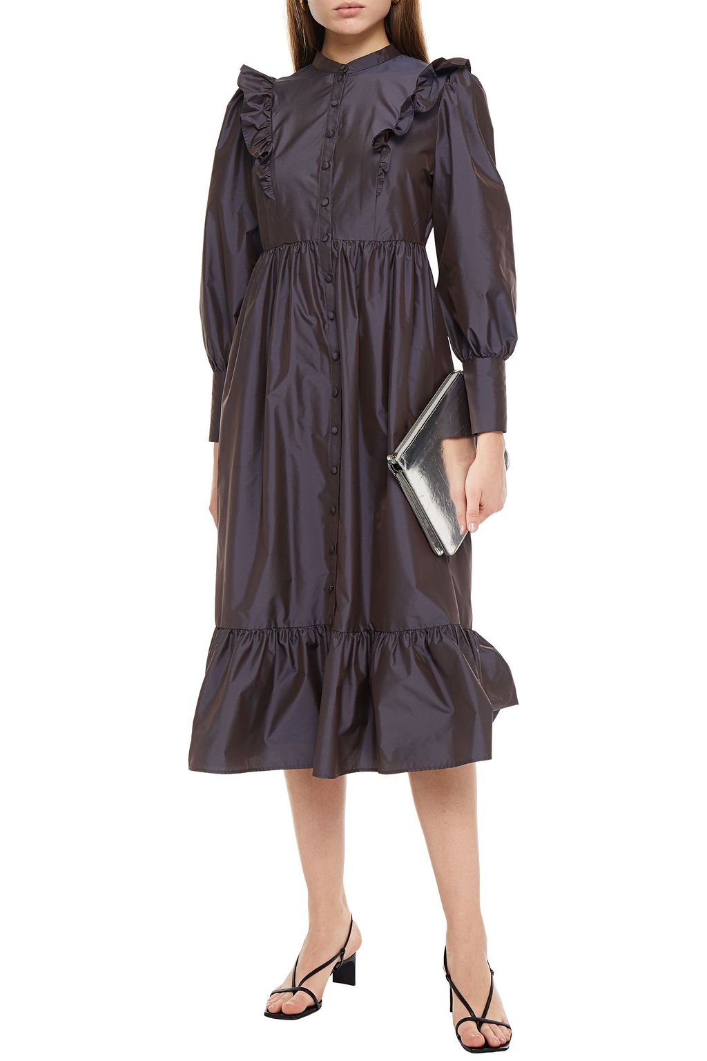 GHOST LONDON Verona Hemdkleid in Midilänge aus Taft mit Rüschen