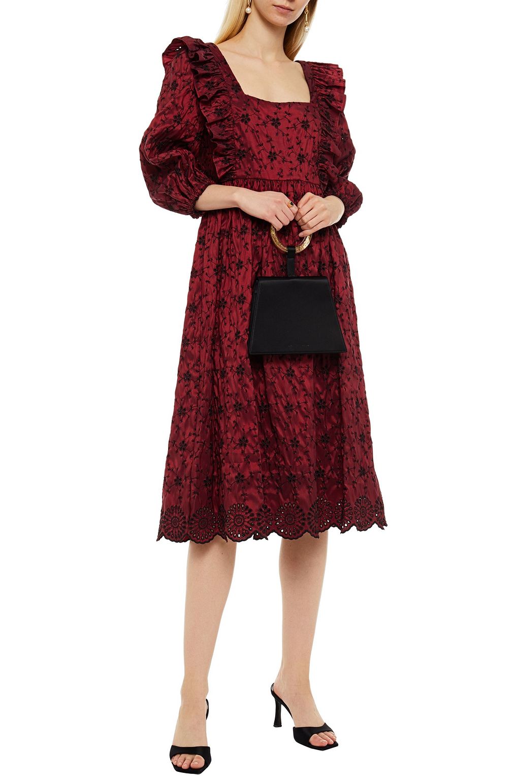 GHOST LONDON Ryleigh ruffled embroidered taffeta midi dress
