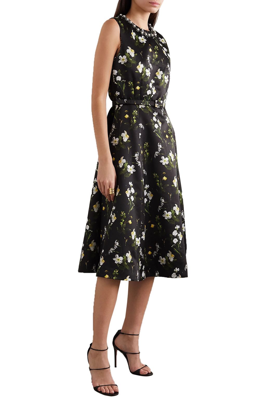 ERDEM Farrah belted embellished floral-print mikado midi dress