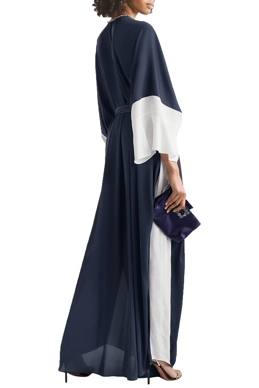 REEM ACRA Belted crystal-embellished two-tone crepe gown