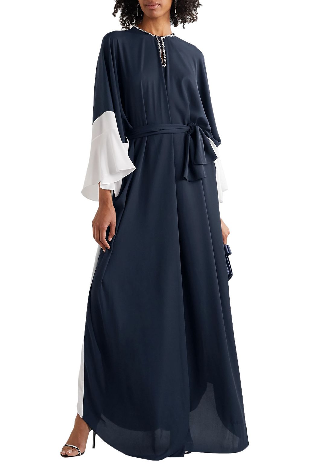 REEM ACRA Belted crystal-embellished two-tone crepe gown