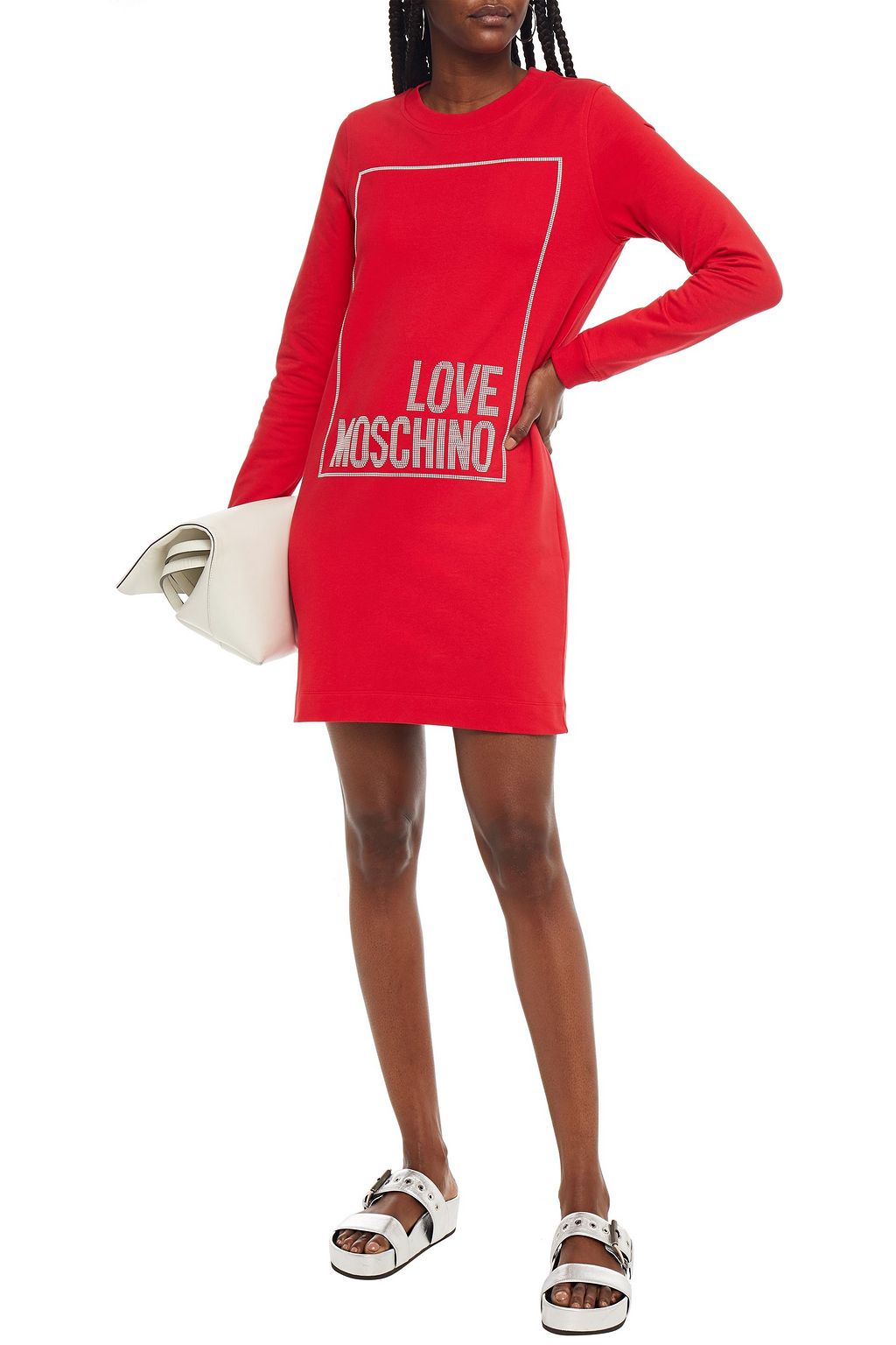 LOVE MOSCHINO Studded French cotton-blend terry mini dress