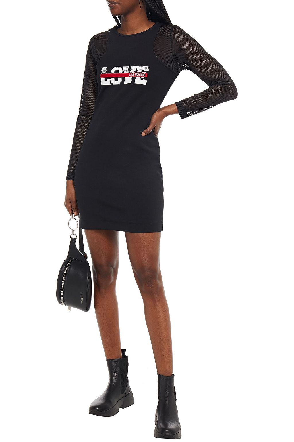 LOVE MOSCHINO Mesh-paneled embroidered printed jersey mini dress