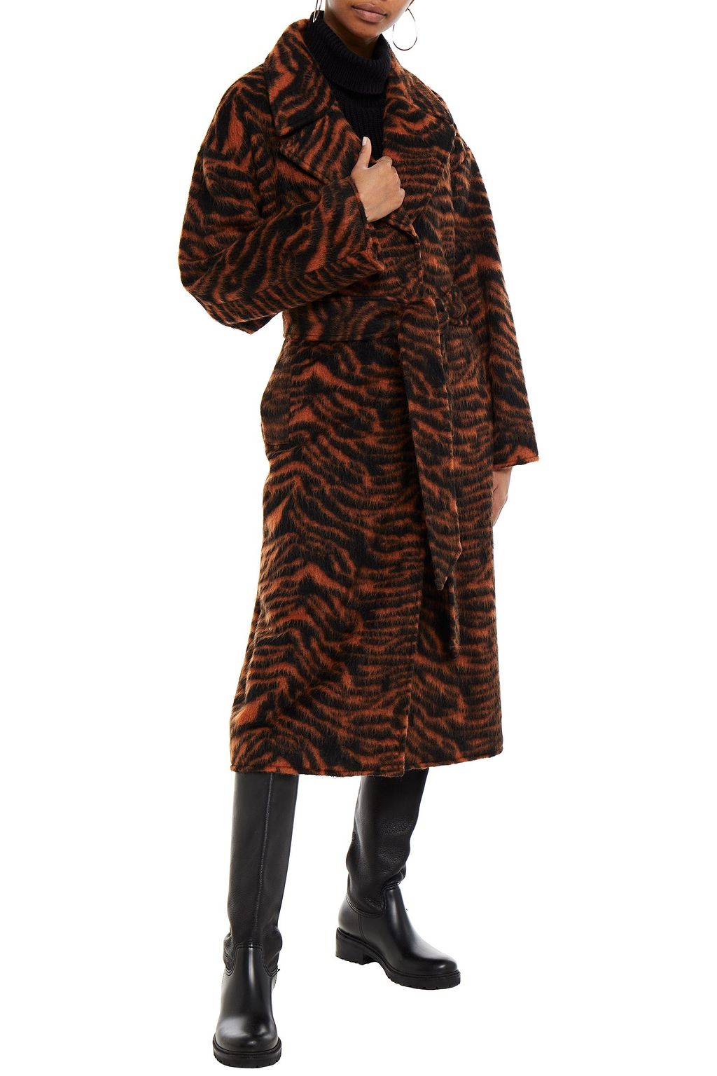 STAND STUDIO Belted tiger-print wool-blend felt coat