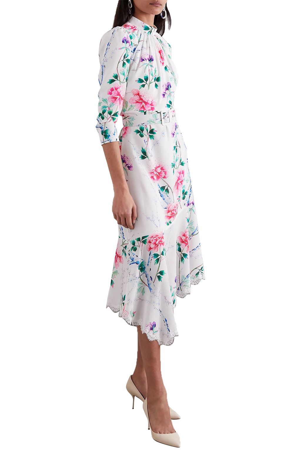 ANDREW GN Gathered belted floral-print silk-crepe midi dress