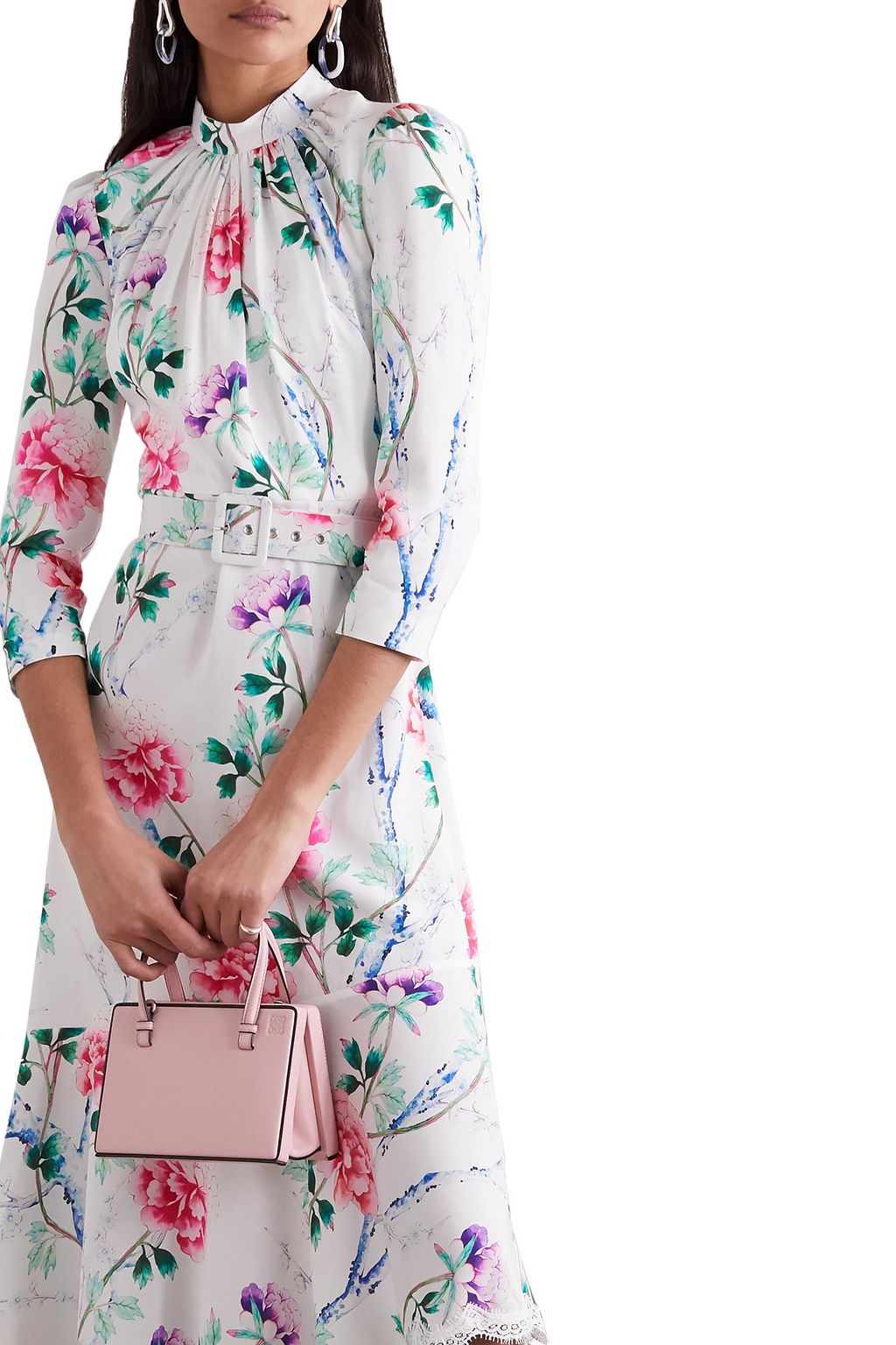 ANDREW GN Gathered belted floral-print silk-crepe midi dress