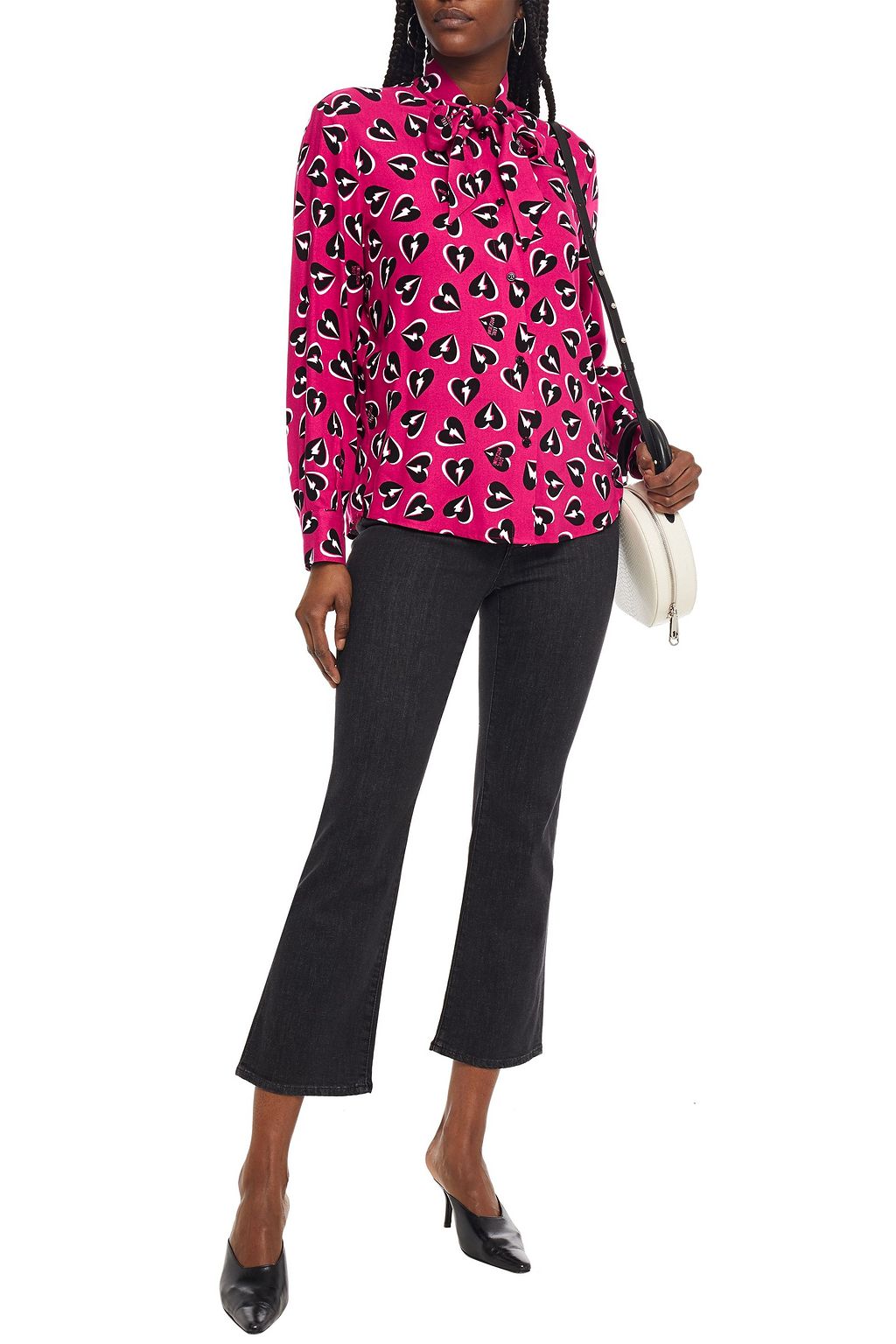 LOVE MOSCHINO Pussy-bow printed crepe de chine blouse