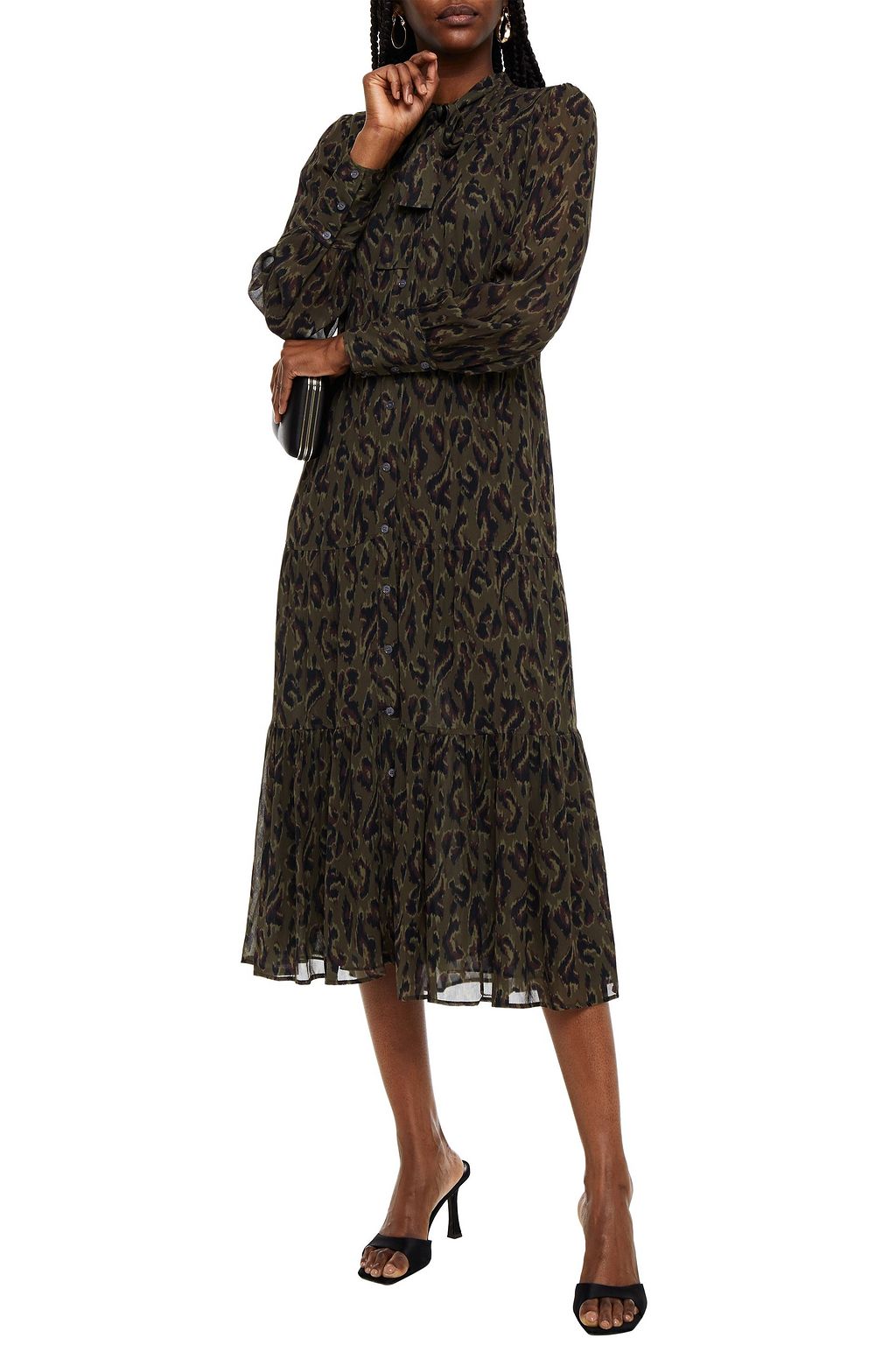 DEREK LAM 10 CROSBY Pussy-bow leopard-print crepe de chine midi shirt dress