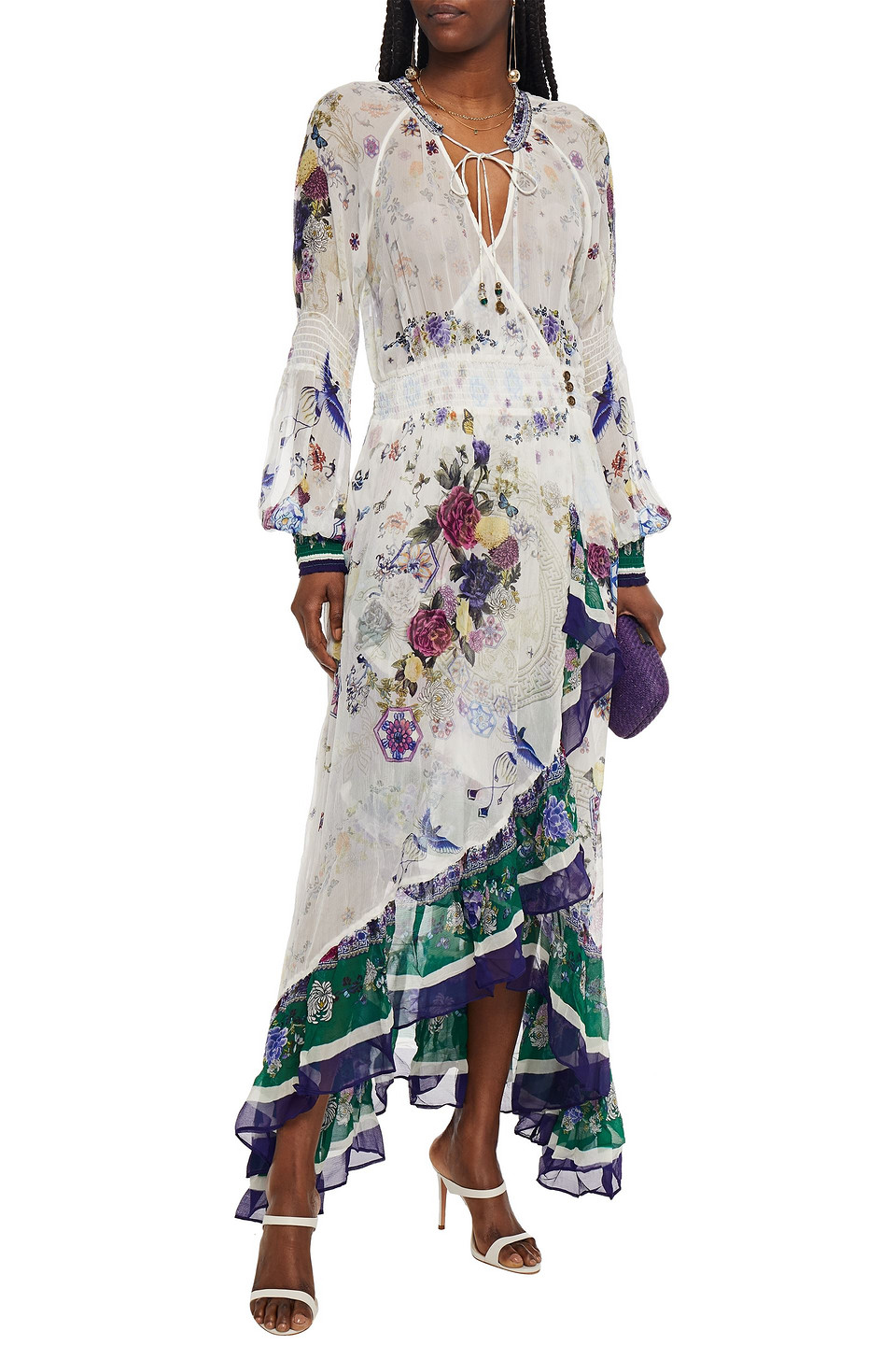 Camilla Ruffled Printed Silk-crepon Maxi Wrap Dress In White
