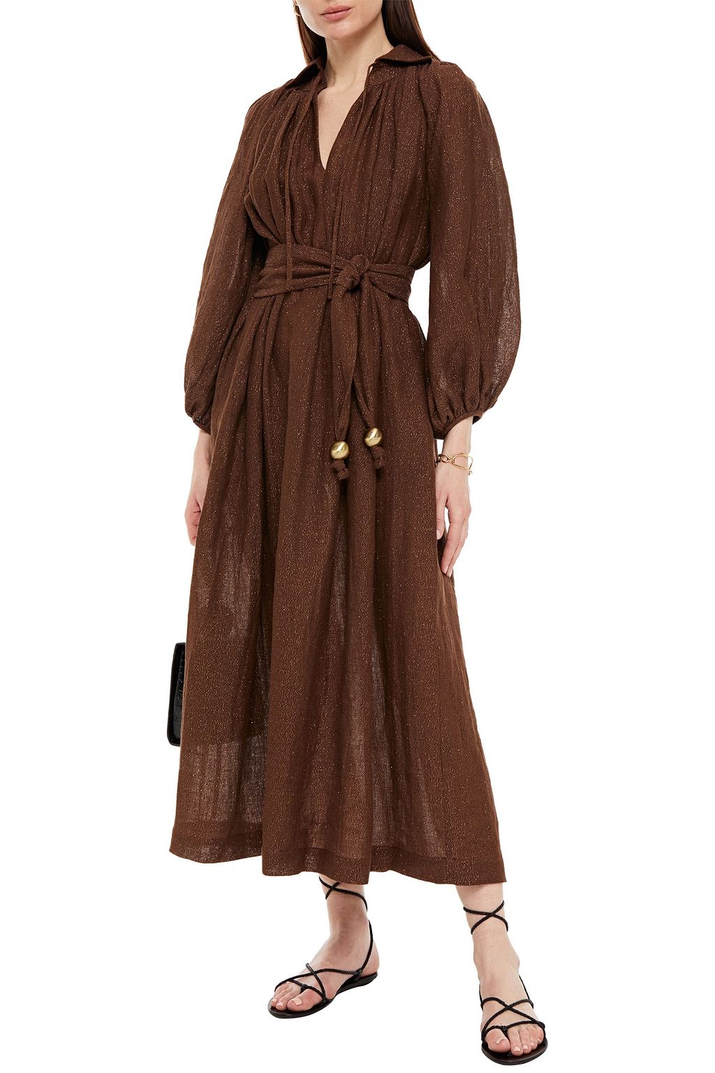 LISA MARIE FERNANDEZ Gathered metallic linen-blend gauze midi dress