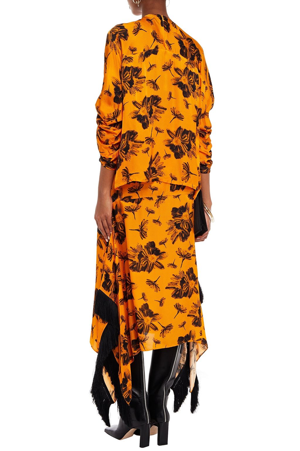 MOTHER OF PEARL Asymmetric fringed floral-print hammered-satin midi skirt