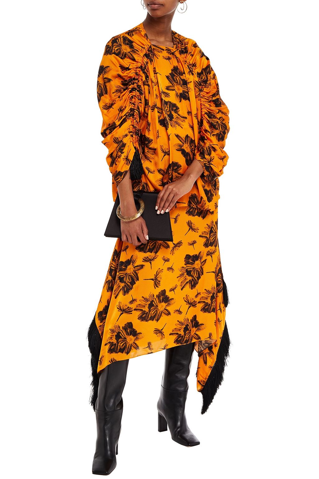 MOTHER OF PEARL Asymmetric fringed floral-print hammered-satin midi skirt