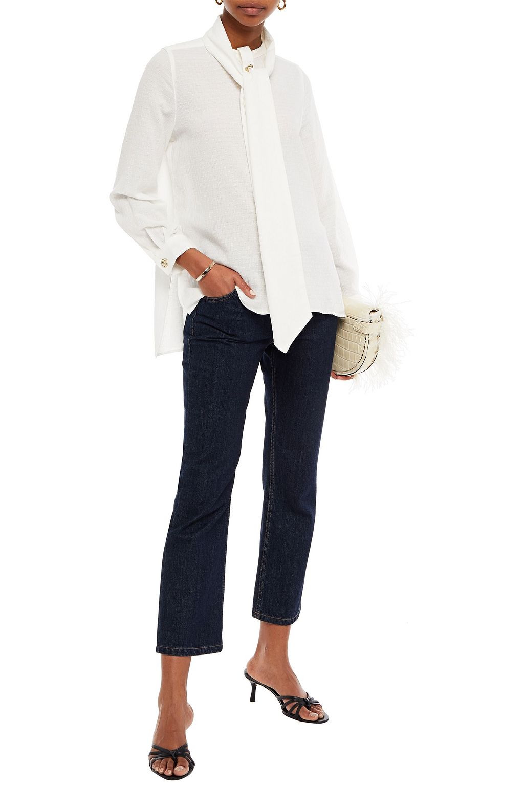 MOTHER OF PEARL Mila tie-neck cotton-jacquard blouse