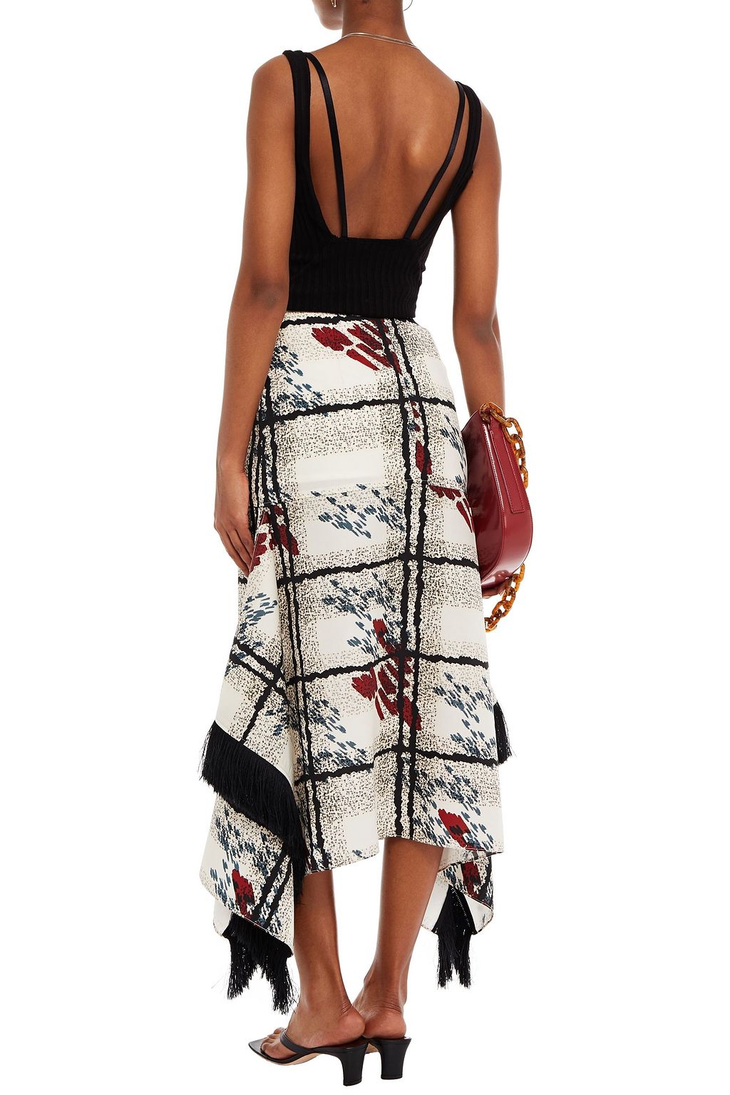 MOTHER OF PEARL Asymmetric fringed printed twill midi skirt
