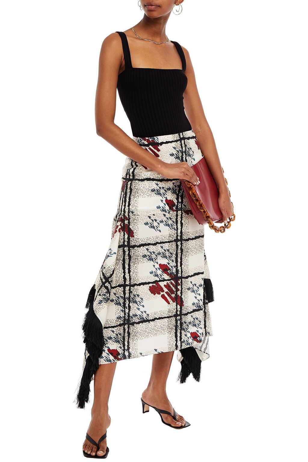 MOTHER OF PEARL Asymmetric fringed printed twill midi skirt
