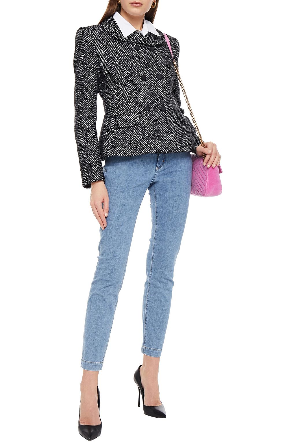 DOLCE&GABBANA Double-breasted herringbone wool-blend peplum blazer