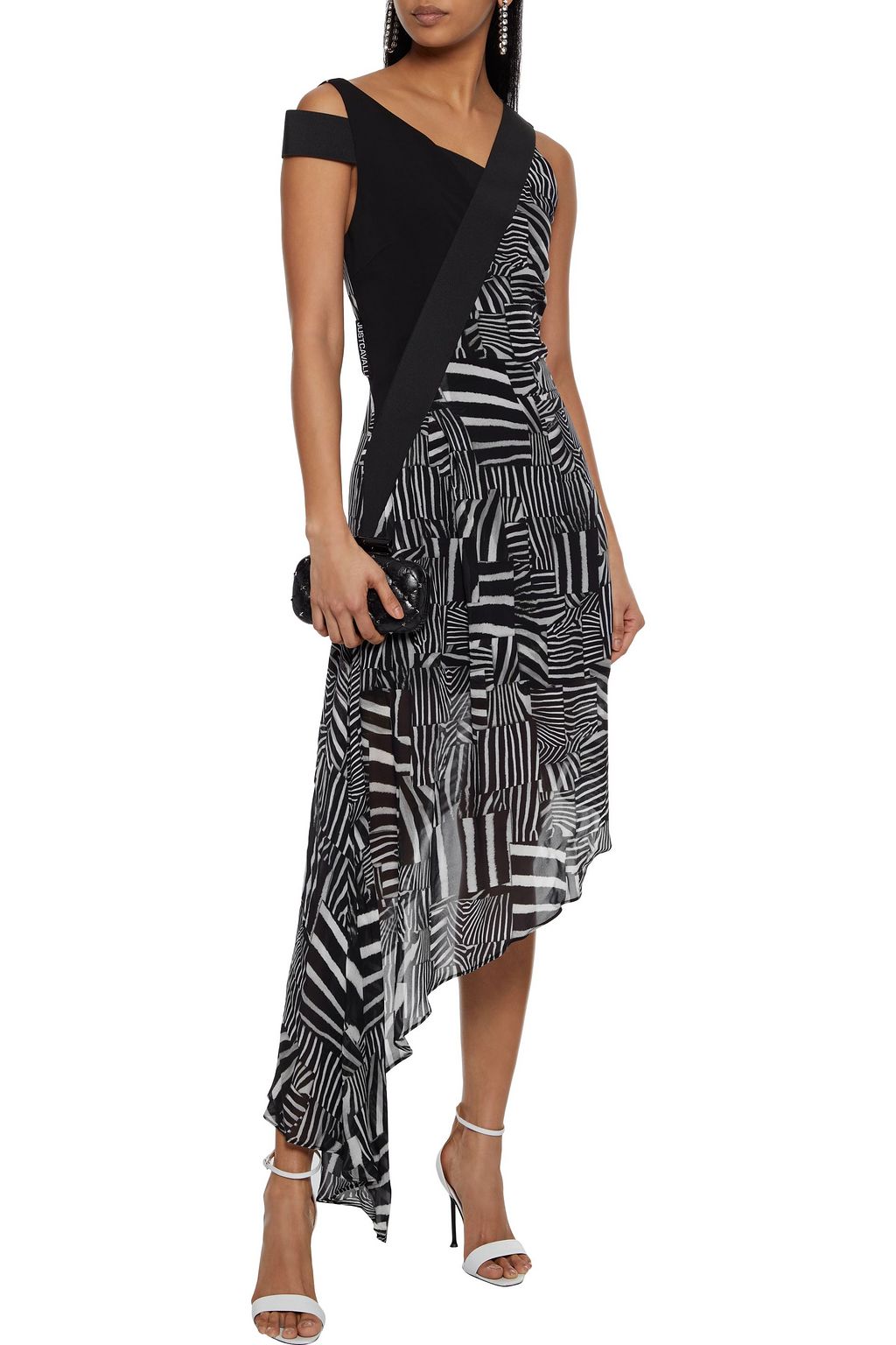 JUST CAVALLI Asymmetric cold-shoulder crepe and printed chiffon dress