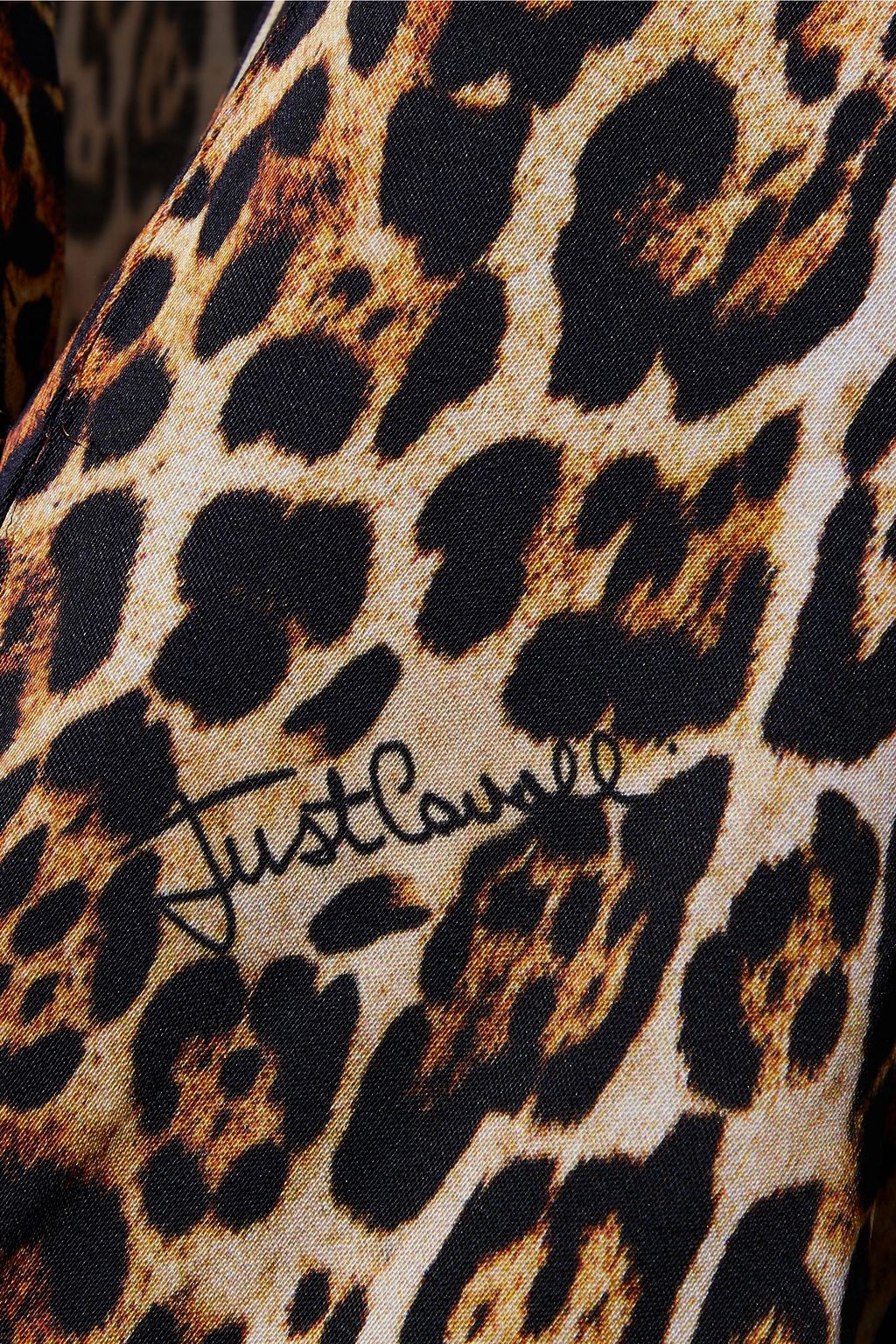 JUST CAVALLI Belted leopard-print satin mini shirt dress