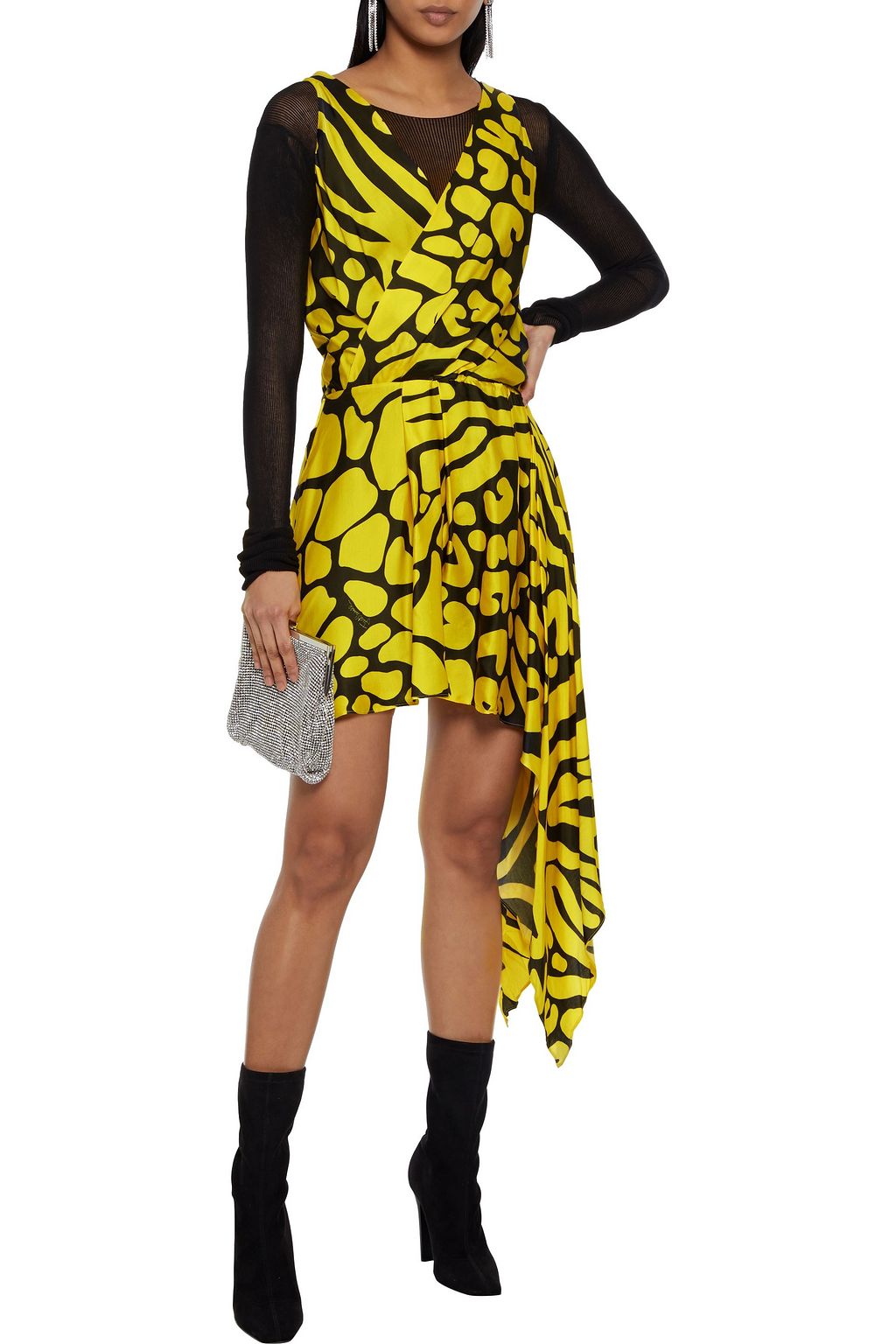 JUST CAVALLI Wrap-effect pleated printed satin mini dress
