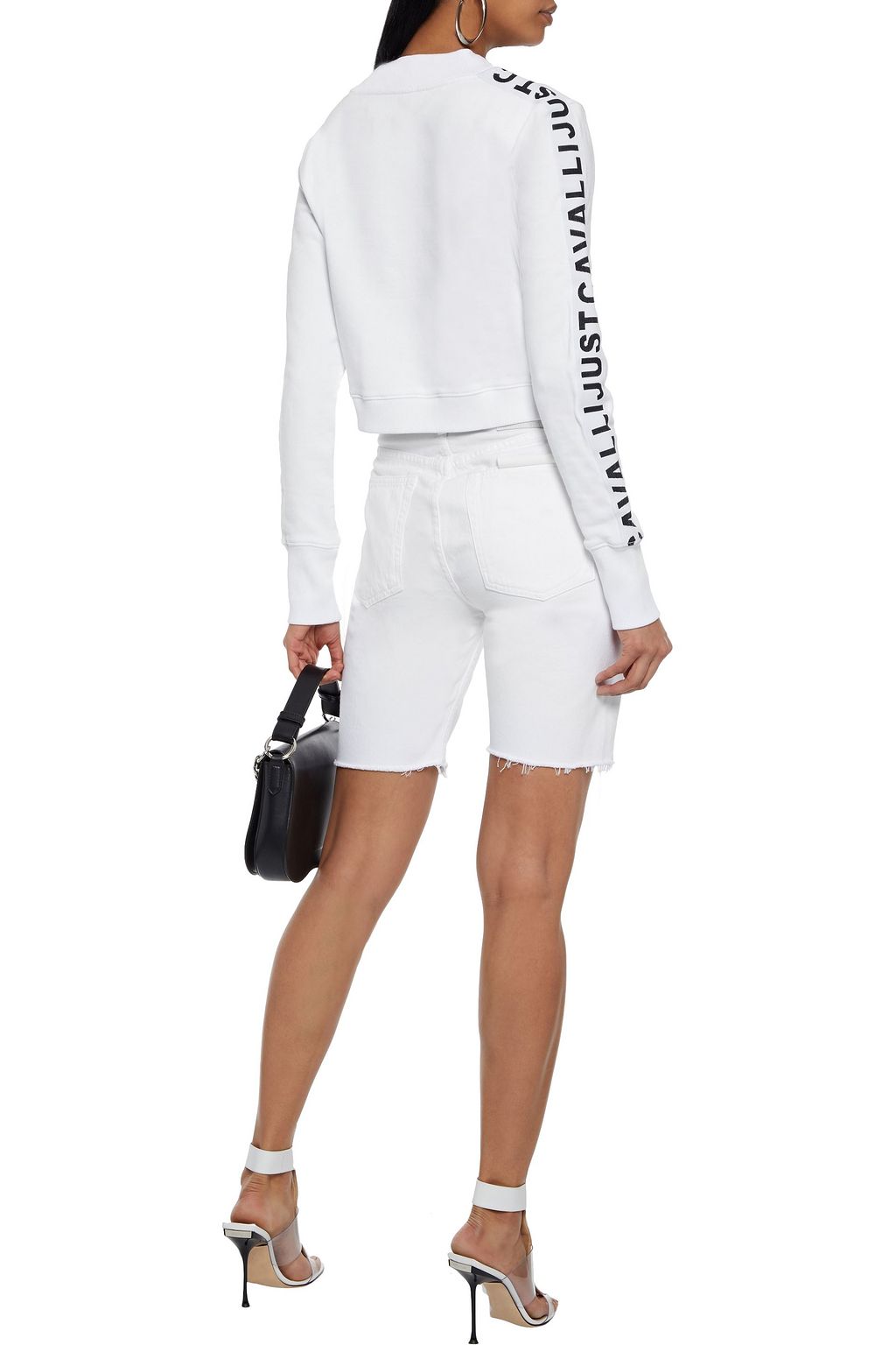 JUST CAVALLI Cropped monogram-trimmed French cotton-terry sweatshirt