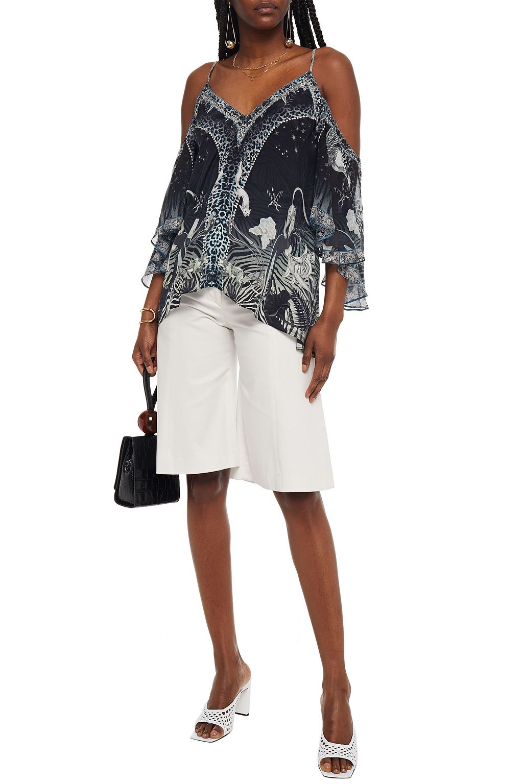 CAMILLA Cold-shoulder printed silk crepe de chine top