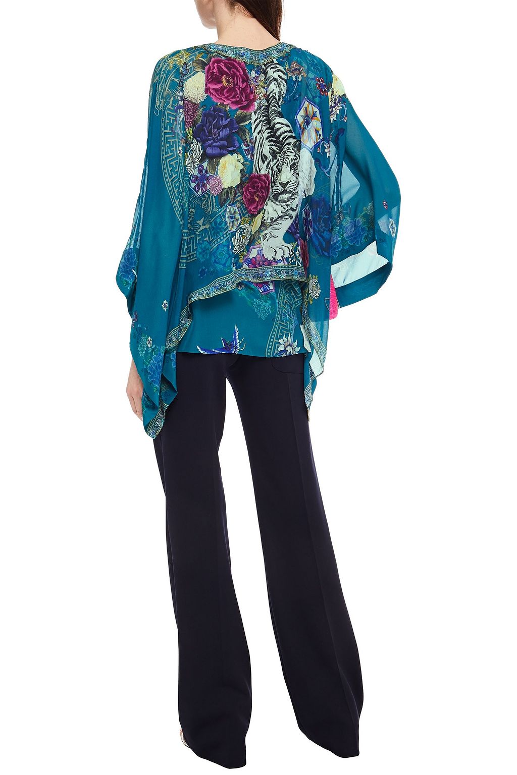 CAMILLA Lunar Gazing cape-effect embellished printed silk-chiffon and crepe de chine blouse