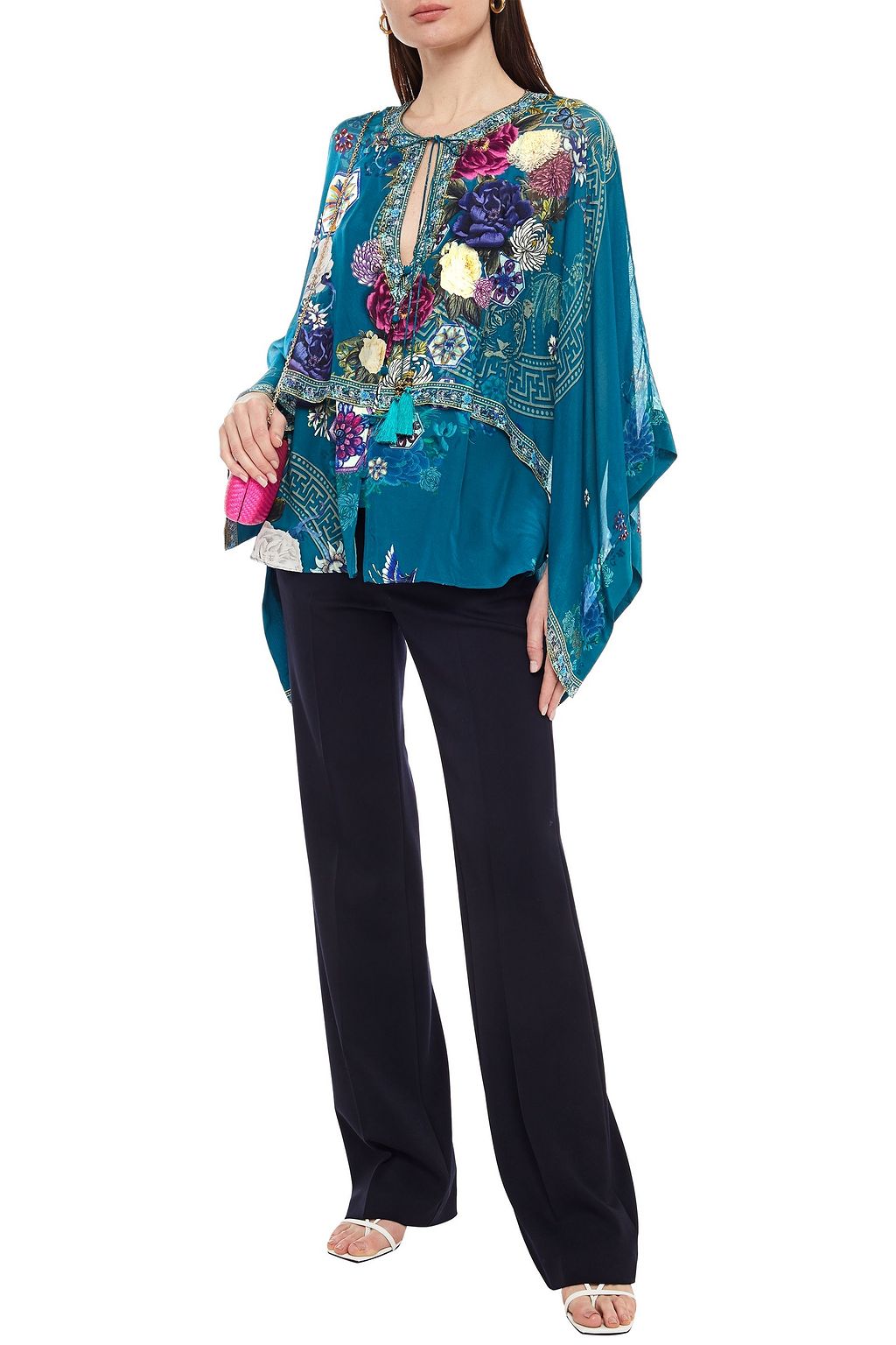 CAMILLA Lunar Gazing cape-effect embellished printed silk-chiffon and crepe de chine blouse
